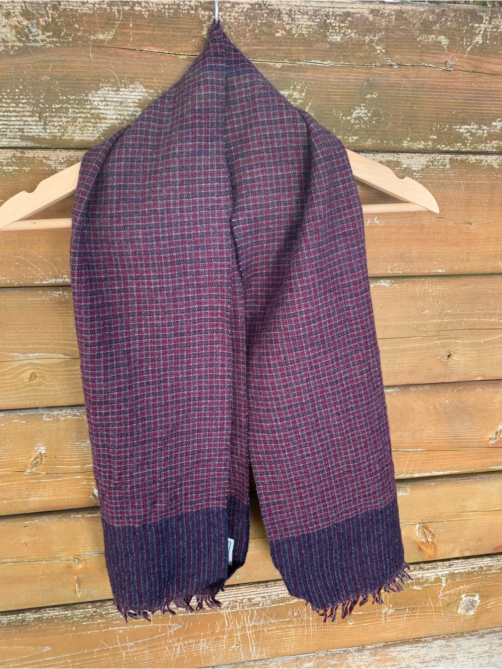 Vintage Warner Bros 100% Wool Plaid Fringe Scarf Burgundy Navy Winter Warm